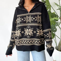 Vintage Snowflake Print Zip Up Sweater