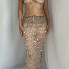 Sequin Strappy Knit Tank Top Tulle Skirt Suit