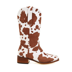 Vintage Cow Print Block Heel Rider Boots