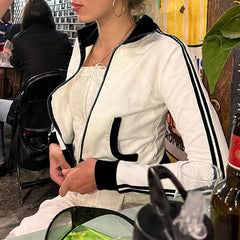 Side Striped Zip Up Long Sleeve Tee