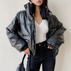 Button Down Pu Leather Puffer Jacket