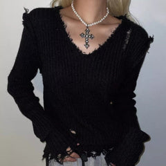 Ribbed Tattered V Neck Sweater
