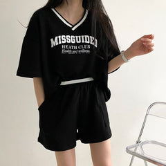 V-neck Oversized Short sleeve Tee Two-piece Set