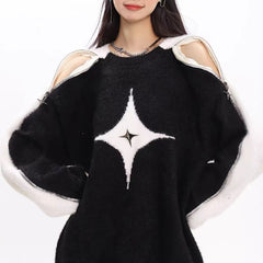 Star Decor Zipper Cutout Loose Sweater
