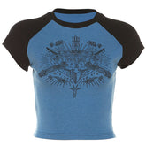 Punk Print Raglan Short Sleeve Crop Top