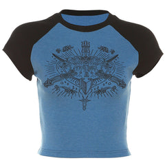 Punk Print Raglan Short Sleeve Crop Top