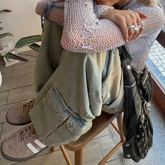 Distressed Raw Edge Asymmetric Design Cargo Jeans