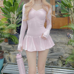 Aesthetic Drawstring Shirred Ruffle Mini Dress