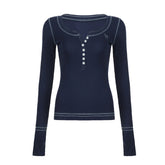 Vintage Embroidery Top-stitching Breasted Long Sleeve Tee