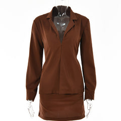 Buttoned Blouse High Waist Skirt Two Piece