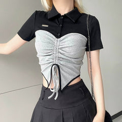 Tie Front Patchwork Button Up Crop Top