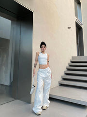 White Big Pocket Splice Mopping Cargo Boyfriend Jeans