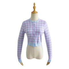 Checkered Button Front Knit Crop Cardigan