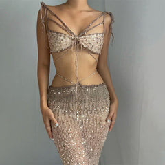 Sequin Strappy Knit Tank Top Tulle Skirt Suit