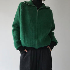 Dark Green Zip Up Knit Cardigan