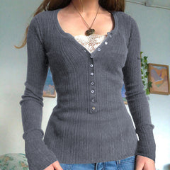 Lace Paneled Button Long Sleeve Knit Top