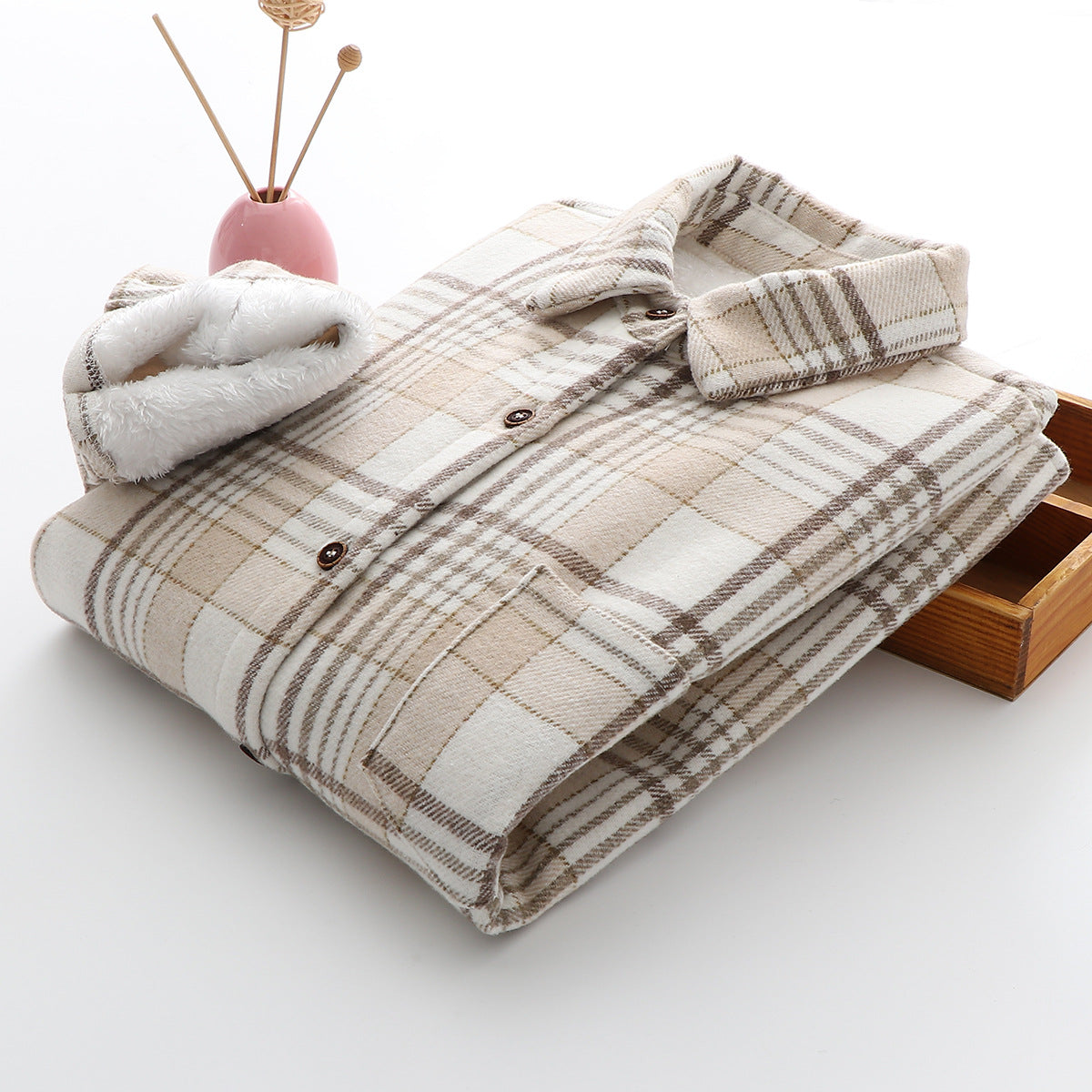 Warm Woolen Coat With Thick Plaid Shirt