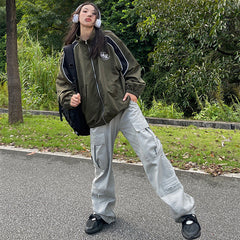 Logo Print Piping Details Oversized Jacket