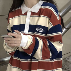 Polo Collar Stiped Oversized Long Sleeve Tee