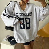 Letter Print Piping V-Neck Oversized Sweatshirt