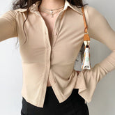 Polo Neck Long Sleeve Rib Blouse
