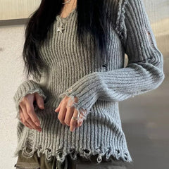 Ribbed Tattered V Neck Sweater
