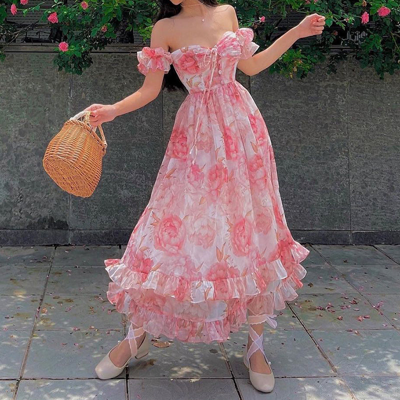 Vintage Ruffle Floral Print Maxi Dress