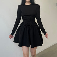Corset Detail Black Long Sleeve Mini Dress