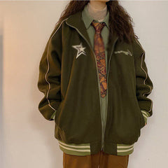 Vintage Embroidery Star Zip Up Oversized Jacket