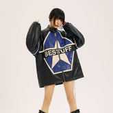 Vintage Contrast Color Star Leather Loose Jacket