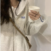 Letter Embroidery Baggy Zip Up Hoodie