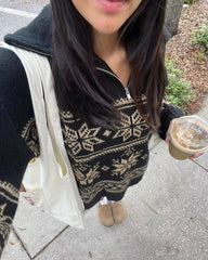 Vintage Snowflake Print Zip Up Sweater