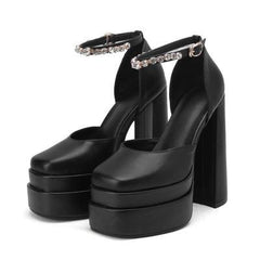 High-heeled Double-layer Satin Square Toe Hollow Sandals