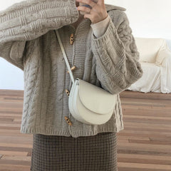 Solid Cable Knit Horn Buckle Hooded Cardigan