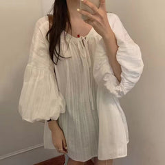 French Bubble Sleeve Lace Up Long Sleeve Blouse