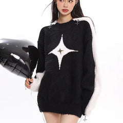 Star Decor Zipper Cutout Loose Sweater