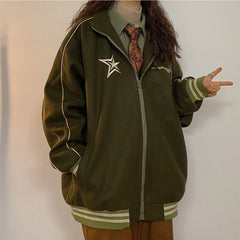 Vintage Embroidery Star Zip Up Oversized Jacket