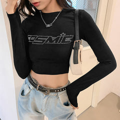 Rhinestone Letter Long Sleeve Crop Top