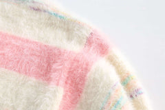 Preppy Contrast Color Stripe Fuzzy Hooded Sweater