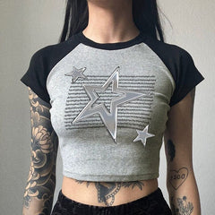 Star Graphic Raglan Sleeve Rib Crop Top