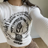 Vintage Print White Cropped Knit Top