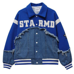Embroidery Patchwork Denim Varsity Jacket