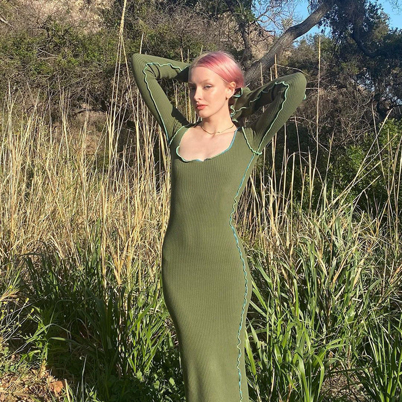 Vintage Green Long Sleeve Maxi Dress