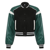 Pu Leather Paneled Cropped Varsity Jacket