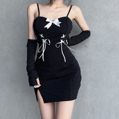 Strap Slit Slim Fit Sleeve Dress