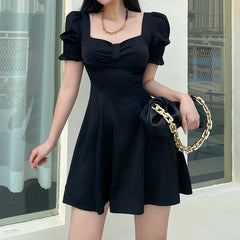 Retro Square Neck Black Bow Puff Sleeve Dress