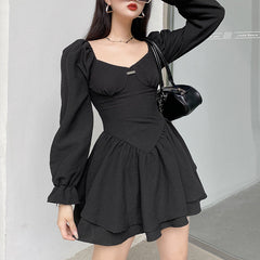 Temperament Square Neck Puff Long Sleeve Double Short Skirt Dress