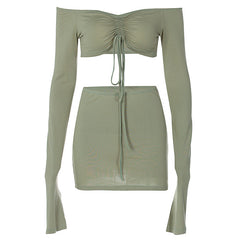 Fairy Green Drawstring Ruched Two Piece Sets