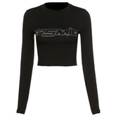 Rhinestone Letter Long Sleeve Crop Top