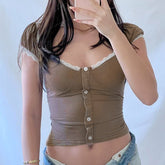 Lace Trim Short Sleeve Button Crop Top